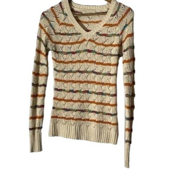 Staccato Sweater Womens XS/S Cream Multi Striped Open Knit V-Neck Fitted - Picture 2 of 4